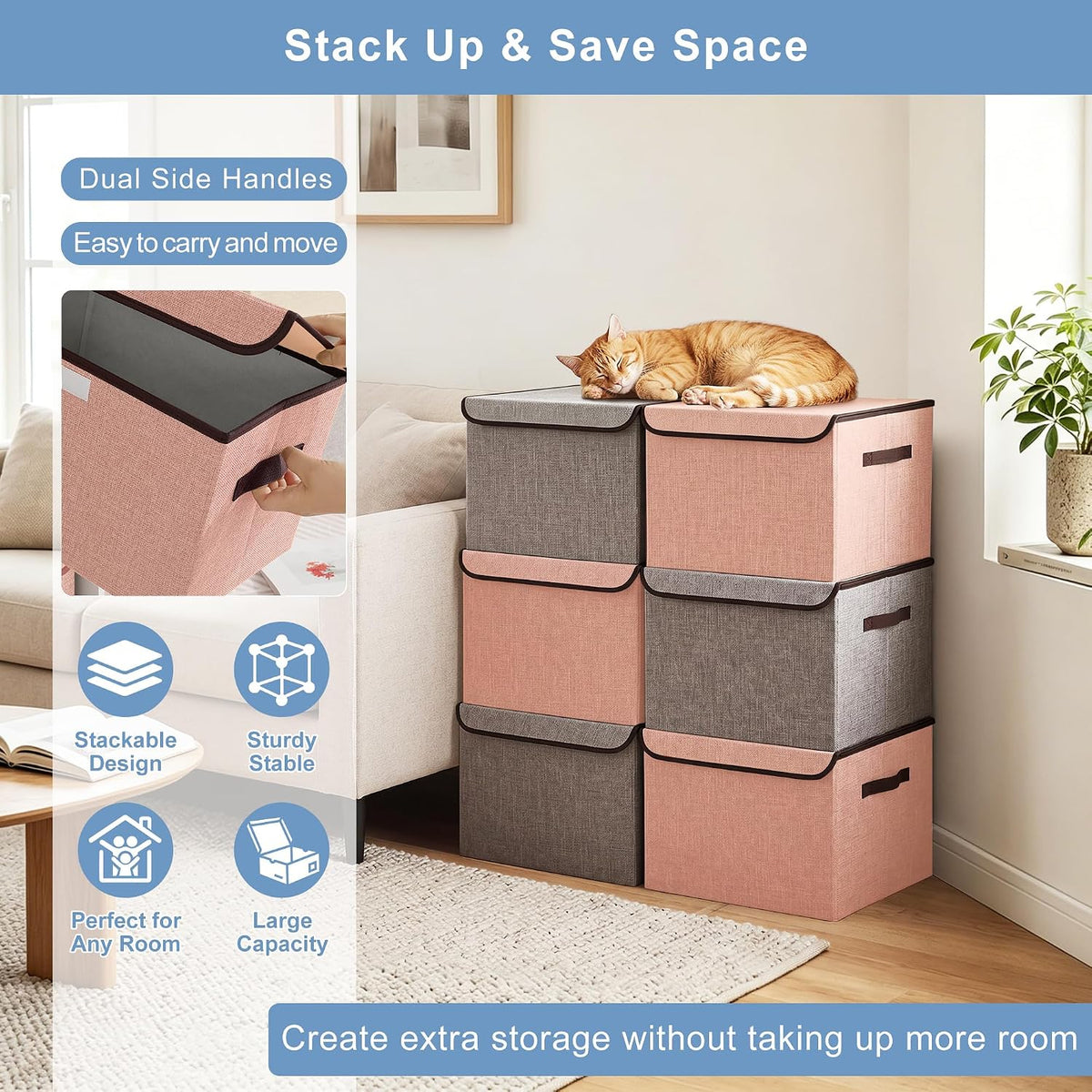 Bagnizer Linen Fabric Foldable Storage Cube Bin Organizer Basket with Flip-Top Lid & Handles, Large Clothes Blanket Box for Home, Office, Closet, Gray & Pink, 4 Pack 14.6 x 9.5 x 9.5”