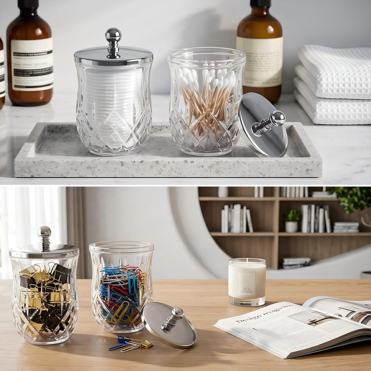 2 Pack 10Oz Clear Q-Tip Holder, Round Thick Glass