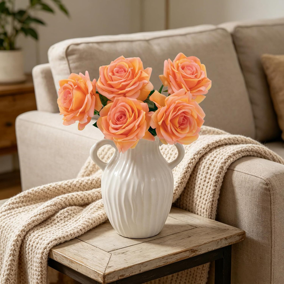 Real Touch Artificial Roses, 5Pcs Peach Coral Faux Silk Flowers