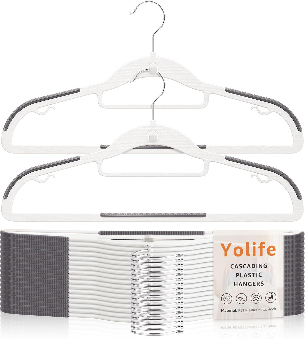 Yolife Cascading Plastic Clothes Hangers 10 Pack with Inner Hook for Vertical Storage, Slim Space Saving Hangers with Non-Slip Pads, 360° Swivel Metal Hook, Versatile, White & Gray