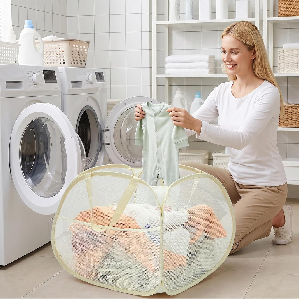 Collapsible Laundry Baskets, 90L Large Foldable Laundry Basket, Durable Mesh Pop Up Hampers for Laundry, Dirty Clothes Laundry Hamper for Bedroom, Bathroom, Dorm, Laundry Room, Travel, Camping Beige