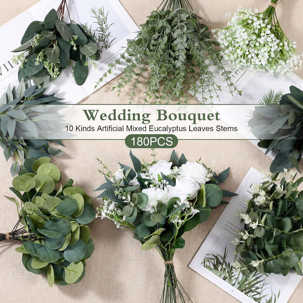 Tigeen 180 Pcs 10 Kinds Mixed Artificial Eucalyptus Stems Bulk for Wedding
