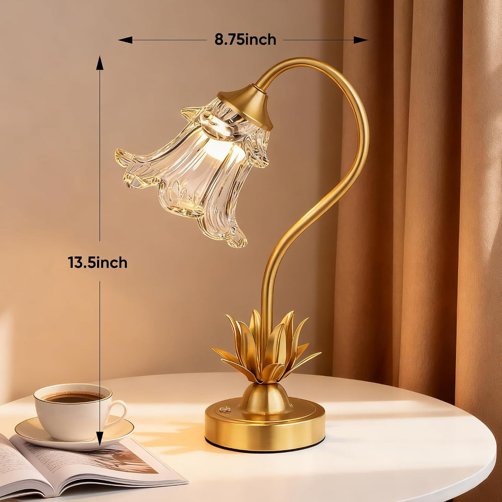 Cordless Flower Table Lamp with Glass Lampshade, 5200mAh Rechargeable Battery, 3-Color Dimmable Touch Control, Portable Desk Lamp for Nightstand, Patio, Camping, Restaurant & Home, Transparent