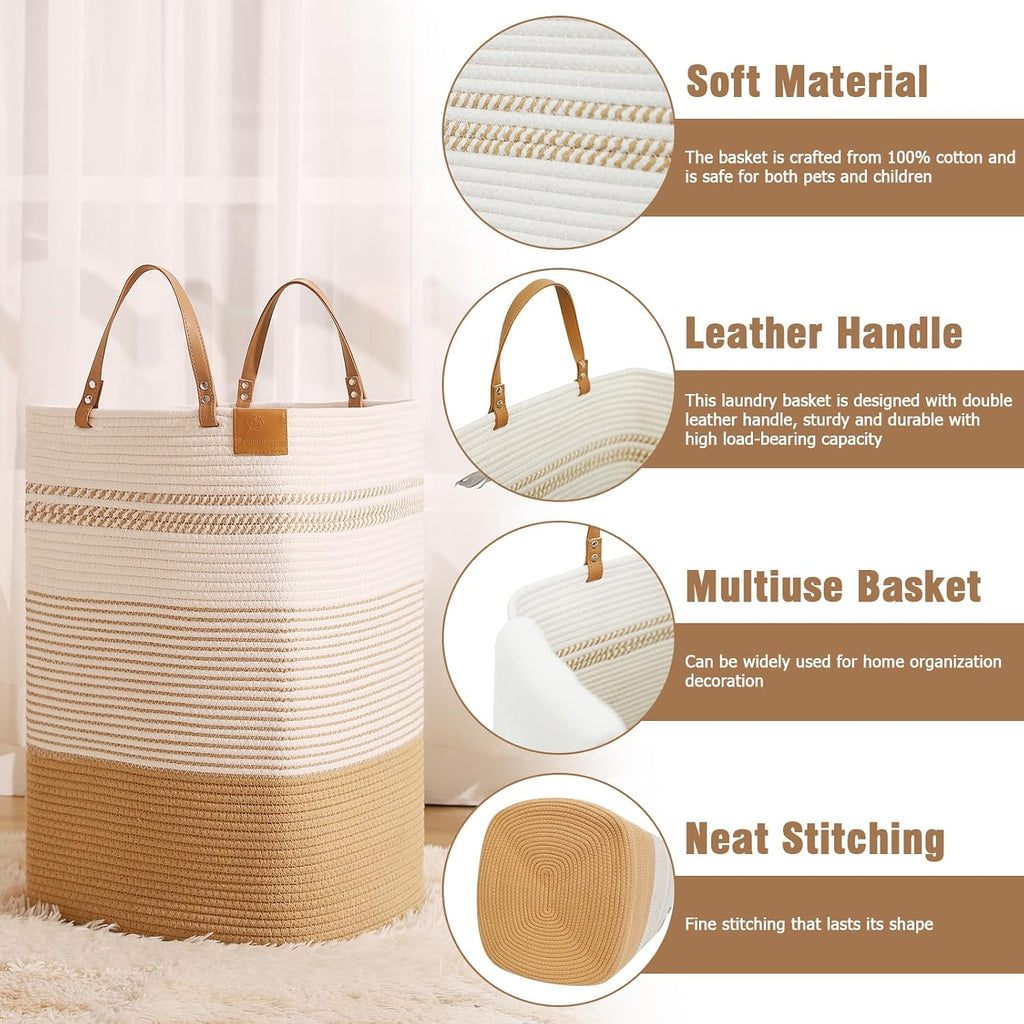 danpinera Large Laundry Hamper – 75L Tall Woven Cotton Storage Basket with Leather Handles, Slim Dirty Clothes Hamper, Decorative Storage Basket for Blanket,Toys White & Jute