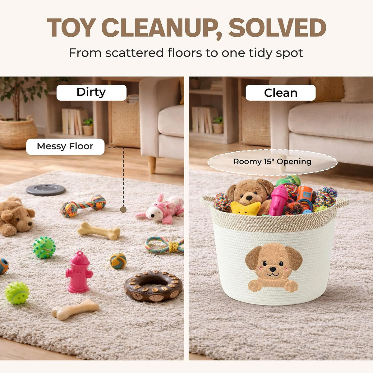 Golden Retriever and Lab Dog Toy Basket, Cotton Rope Storage Bin, 15x11 in
