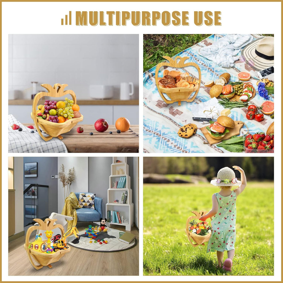 MYOSOTIS Foldable Fruit Basket Gift Bamboo Fruit and Veggie Basket,Fruit Bowl Holder Dried Fruit Basket For Christmas decorations Holiday Party Mom Gifts (Apple)