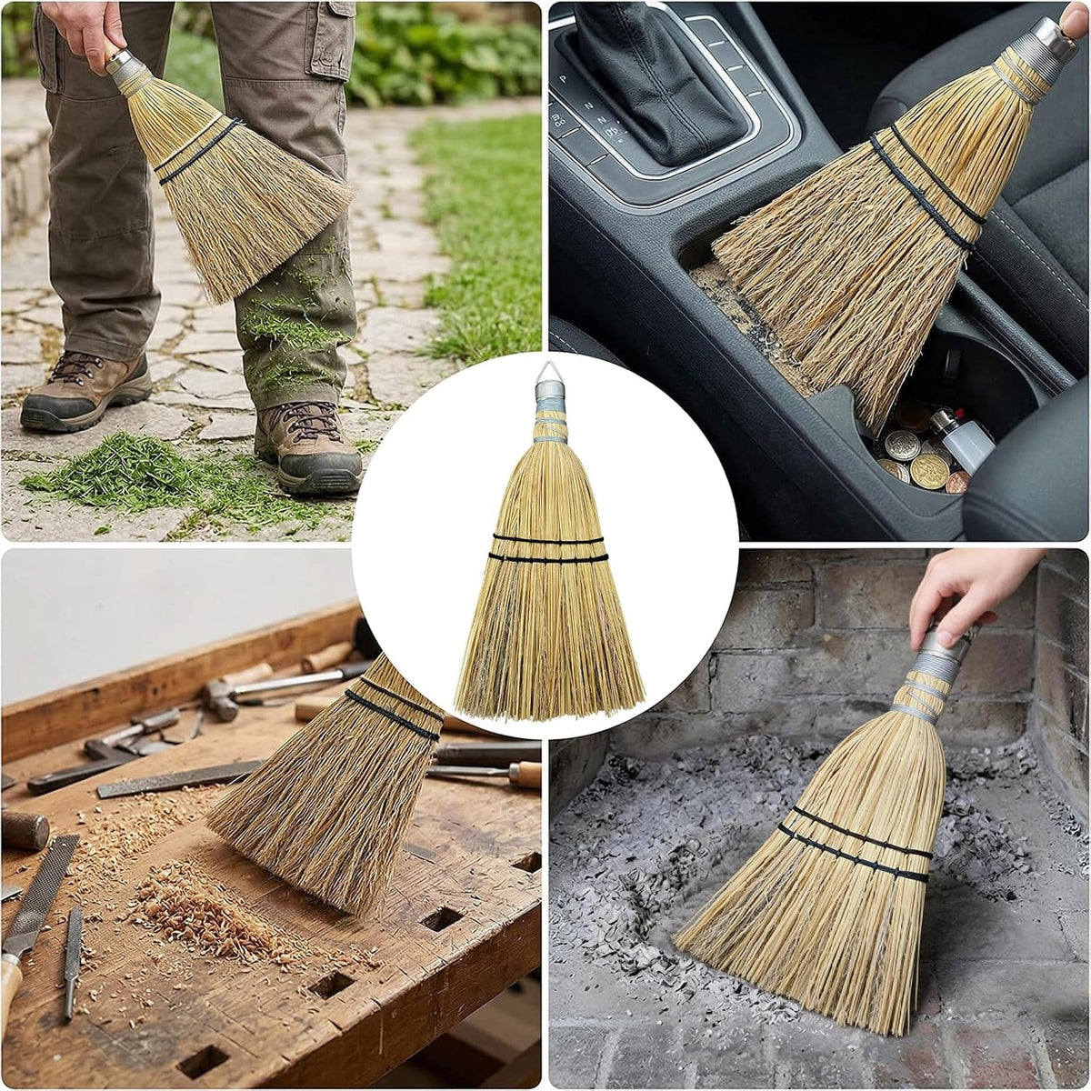 12" Hand Held Whisk Broom 2 Pack, Natural Handmade Corn Mini Broom with Stiff Bristles, Small Straw Sweeping Brush for Fireplace, Car Detailing, Workbench & Farmhouse Decor