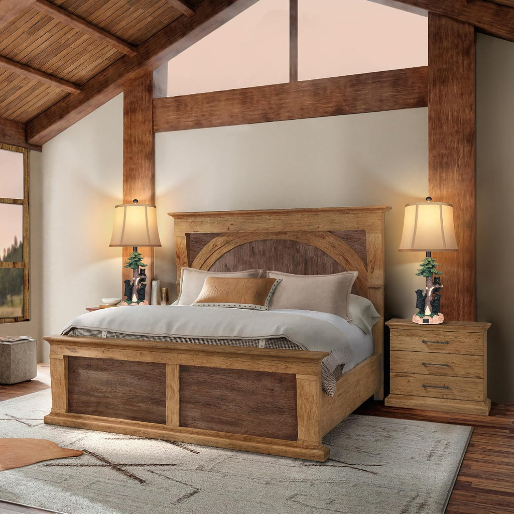 Hamucd Rustic Farmhouse Climbing Bear Table Lamps Set of 2 for Living Room with USB A+C,Bedroom Accent Tree Nightstand Lamps for Western Country Wood Cottage Christmas Decor(2 Bulbs Included)