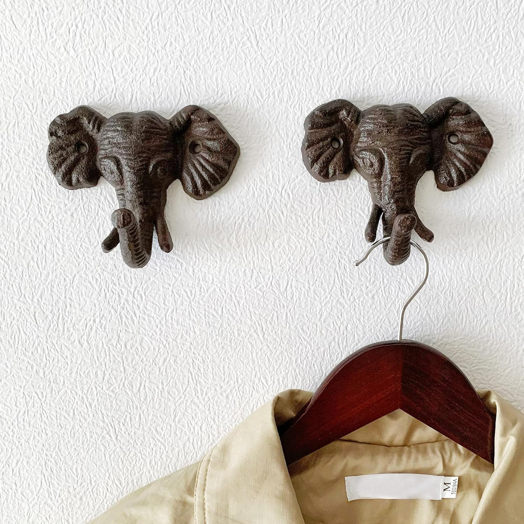 Rustic Elephant-Shaped Decorative Wall Hook Rack Hangers for Hanging Clothes, Coats, Towels, Keys, and Hats, 2-Pack Antique Cast Iron Mounted Wall Hooks