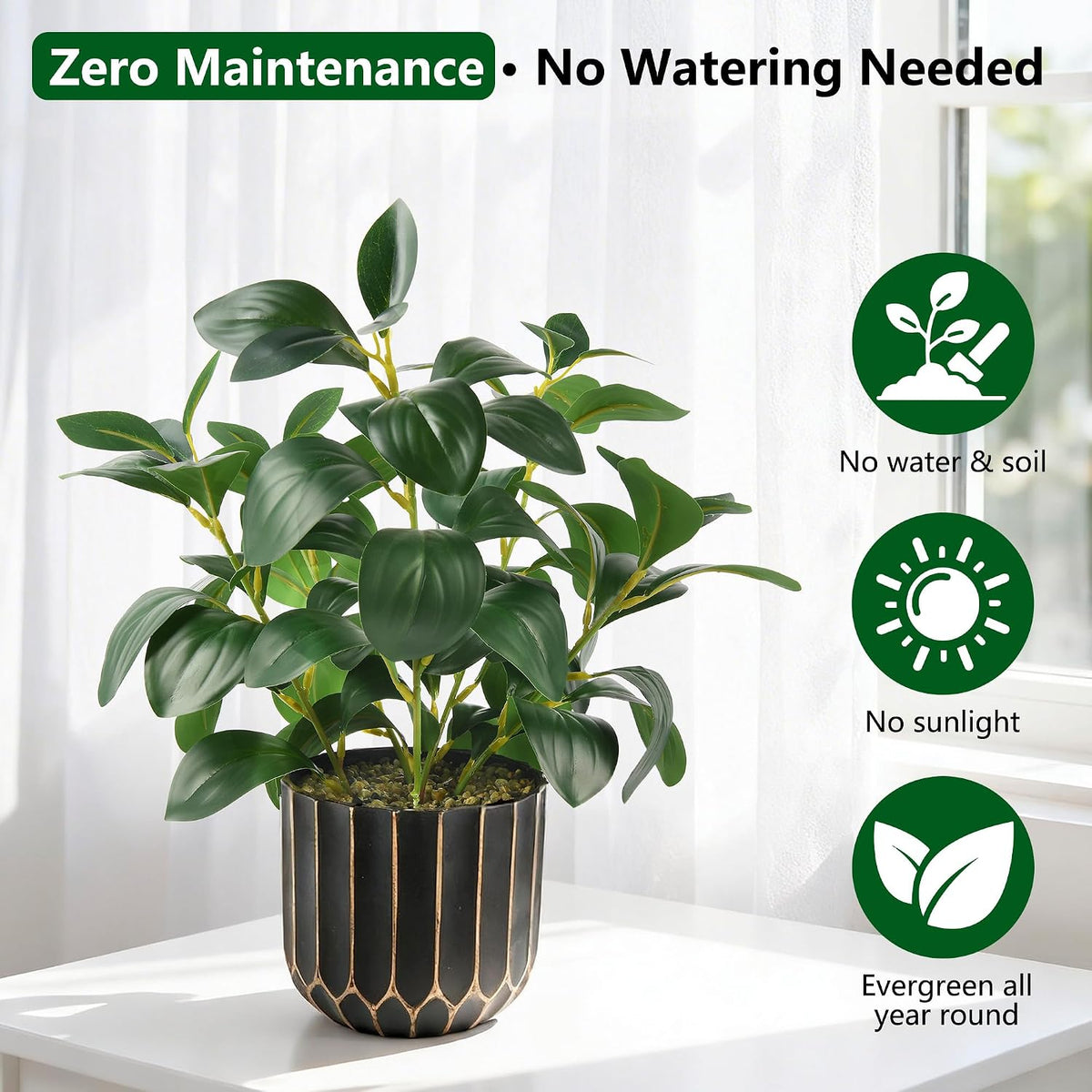 florisso Fake Plants Artificial Plants Indoor, Faux Potted Plants Indoor Artificial Succulents with Fig Leaf Look Real Greenery with Planter for Office Desk Coffee Table Home Decor(Black Gold)
