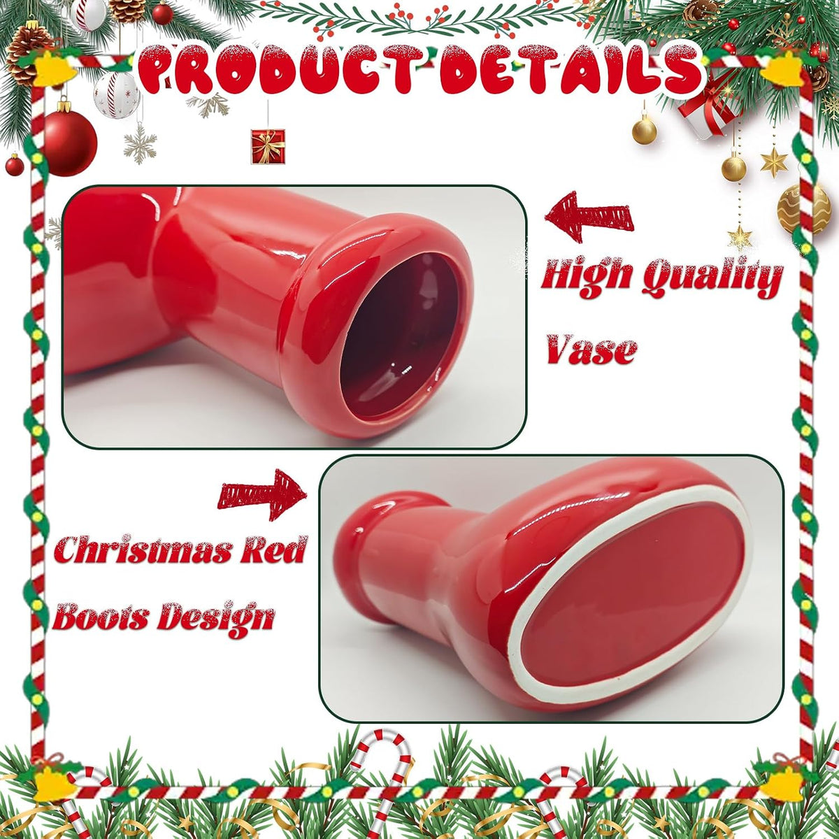Red Boot Christmas Vase, 8 Inch Ceramic Decorative Vases for Home Decor