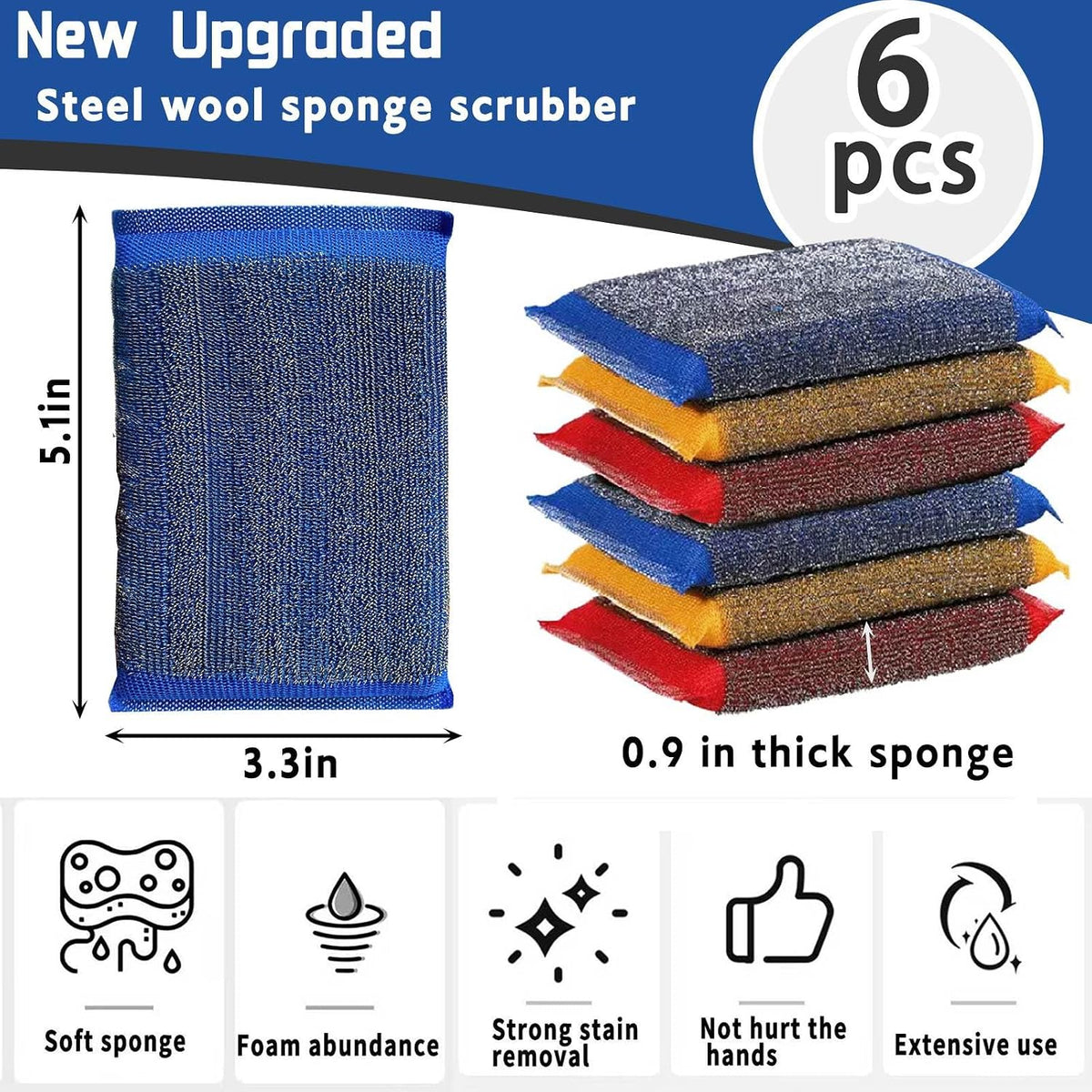 Kitchen Sponges for Dishes Steel Wool Scrubber Sponges for Kitchen Heavy Duty Non-Scratch Scrubbing Cleaner (6 Pack) (Colours)