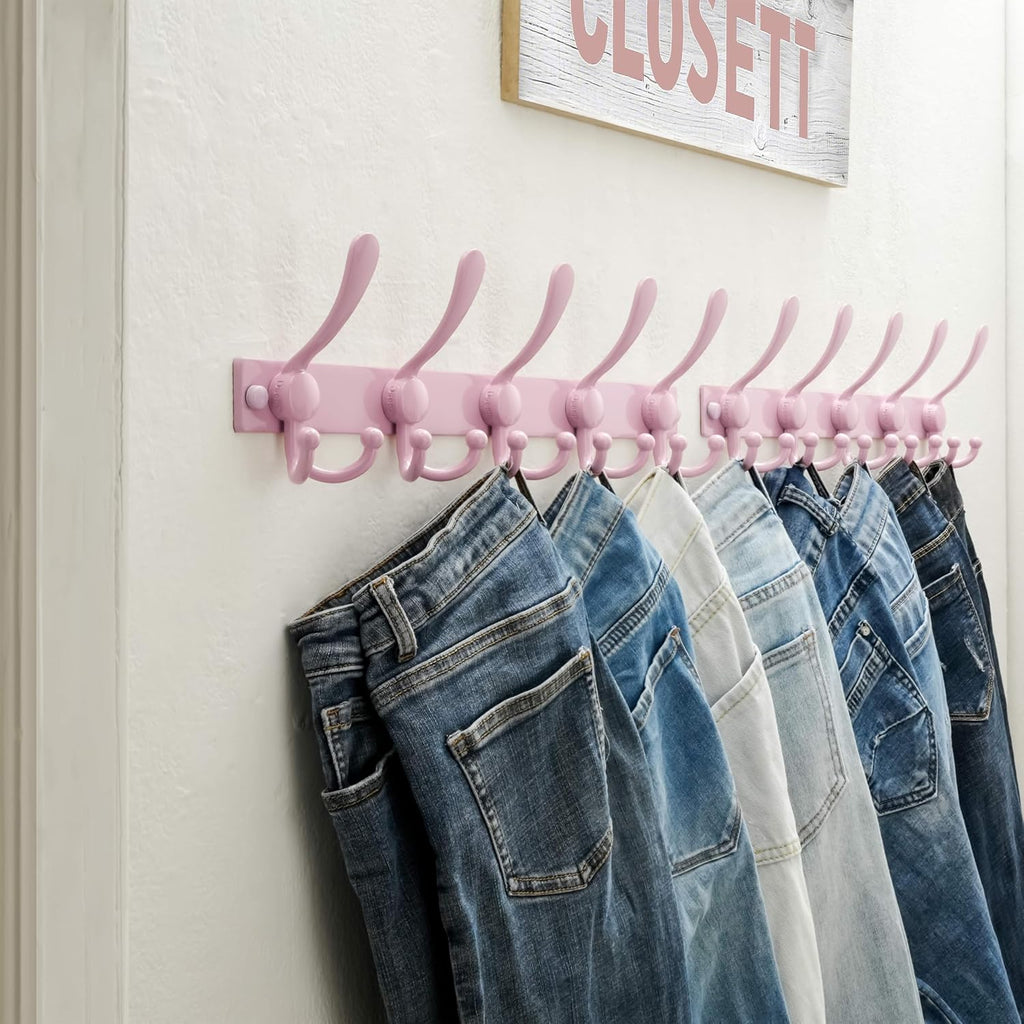 Dseap Coat Rack Wall Mount, Heavy Duty 12-Gauge Base vs Flimsy 1mm, Double-Thick Solid Anti-Snap Hooks, 16” Stud-Mount, Stainless Steel Hanger for Clothes Hat Entryway Closet, Pink, Pack of 2