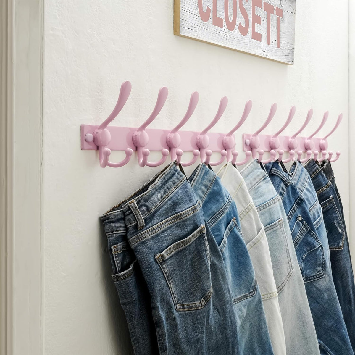 Dseap Coat Rack Wall Mount, Heavy Duty 12-Gauge Base vs Flimsy 1mm, Double-Thick Solid Anti-Snap Hooks, 16” Stud-Mount, Stainless Steel Hanger for Clothes Hat Entryway Closet Mudroom, Pink