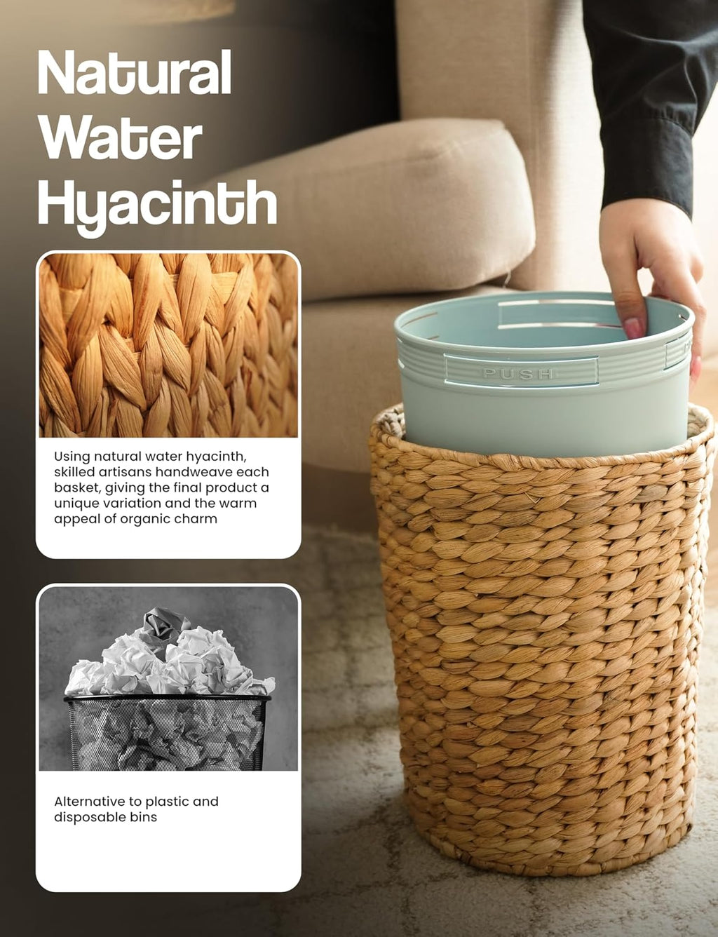 Tidita Set 2 Water Hyacinth Wicker Wastebasket for Bathroom, Lid Included