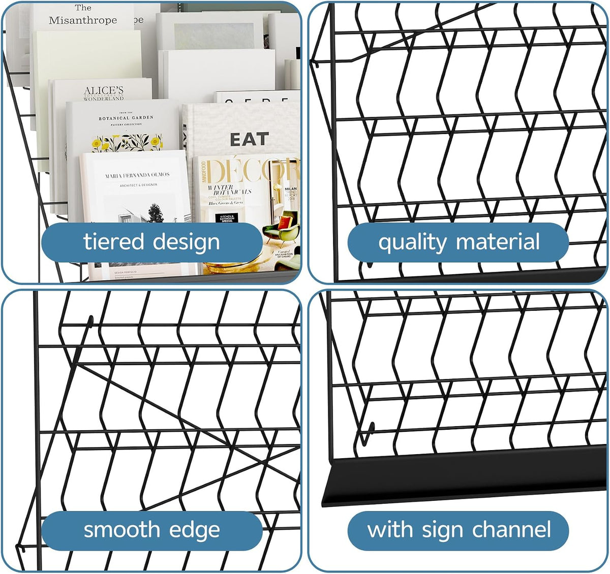 6-Tier 30" Wide Metal Magazine Holders with Sign Channel, Black