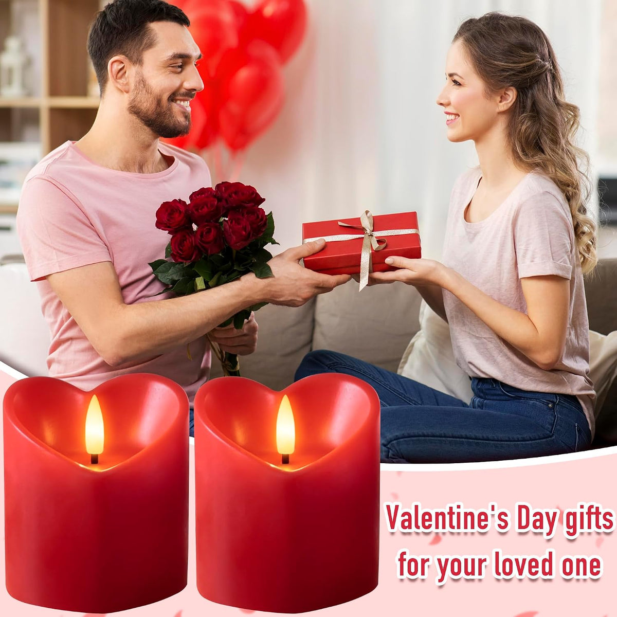 JOIONE Valentines Day Red Heart Flameless Candles with Remote, 2 Pack