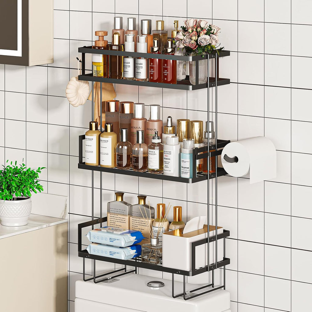 Godboat 3-Tier Over Toilet Storage Shelf, Wall-Mount with 2 Hook/Paper Rack