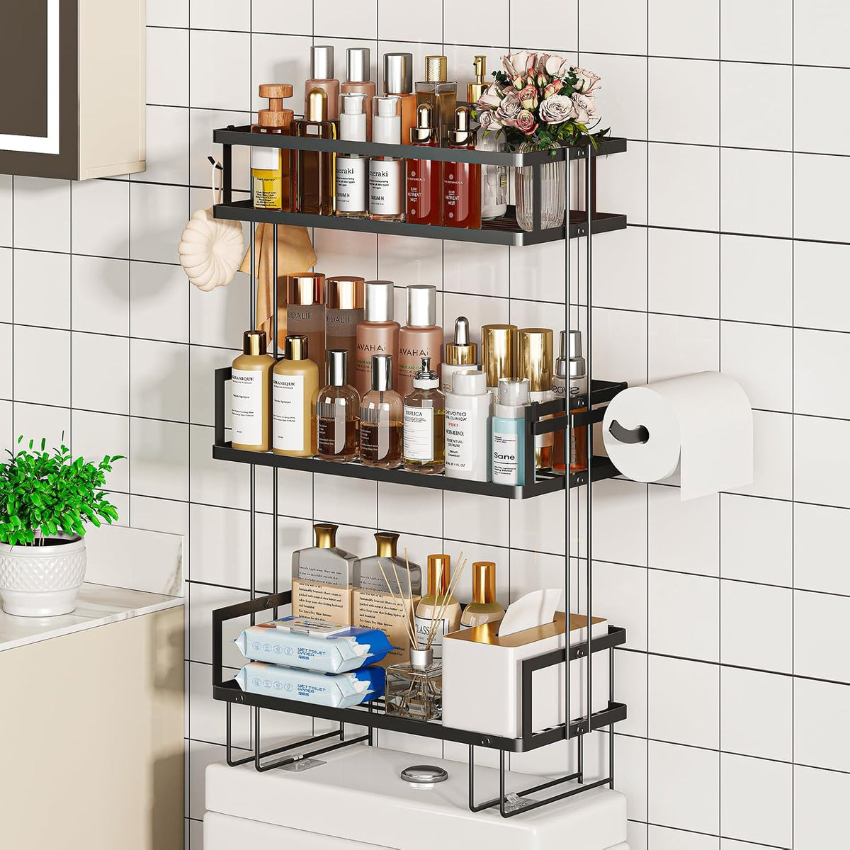 Godboat 3-Tier Over Toilet Storage Shelf, Wall-Mount with 2 Hook/Paper Rack