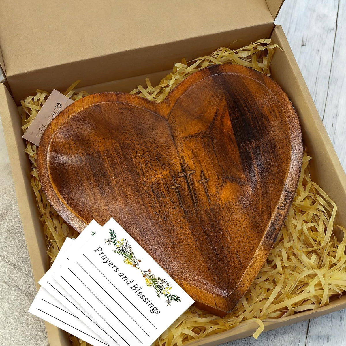 Wooden Prayer Bowl with 24 Cards, Heart Shaped Prayer Bowl