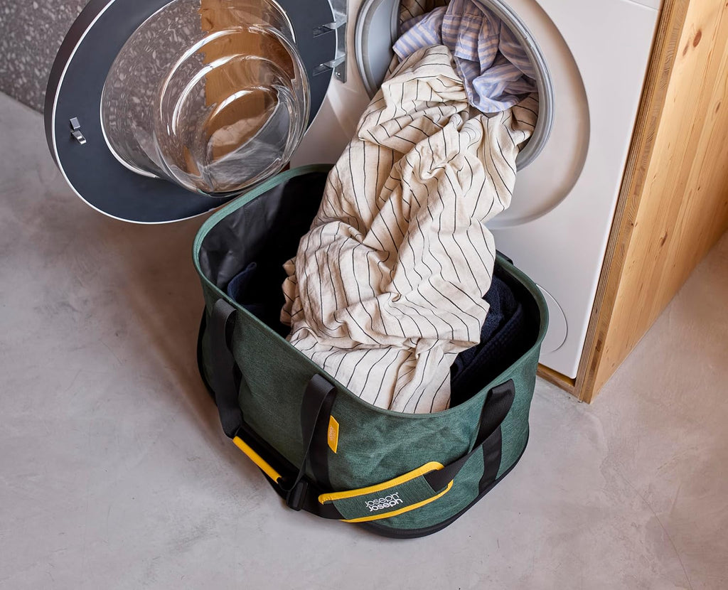 Joseph Joseph Hold-All Collapsible 45L/11.89 Gallon Outdoor Washing Laundry Basket with Shoulder Strap, Durable Fabric, Waterproof Base (Dark Green)