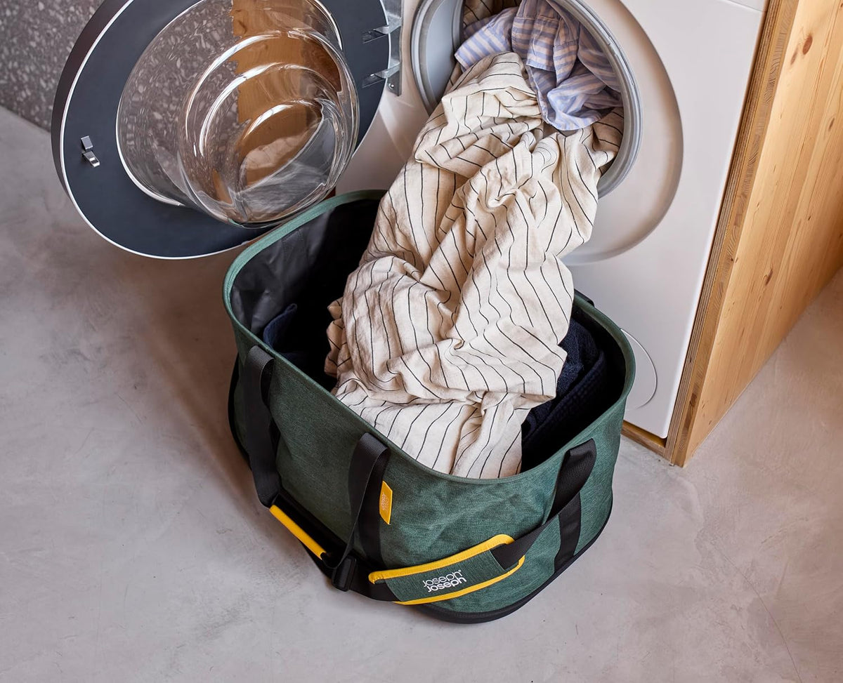 Joseph Joseph Hold-All Collapsible 45L/11.89 Gallon Outdoor Washing Laundry Basket with Shoulder Strap, Durable Fabric, Waterproof Base (Dark Green)