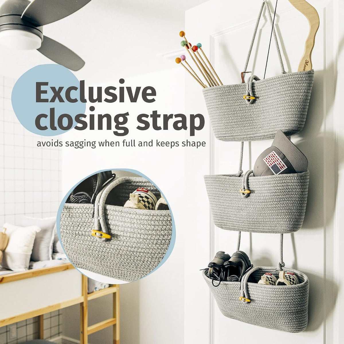 OrganiHaus Over the Door Organizer, Woven Rope Hanging Baskets, 3-Tier