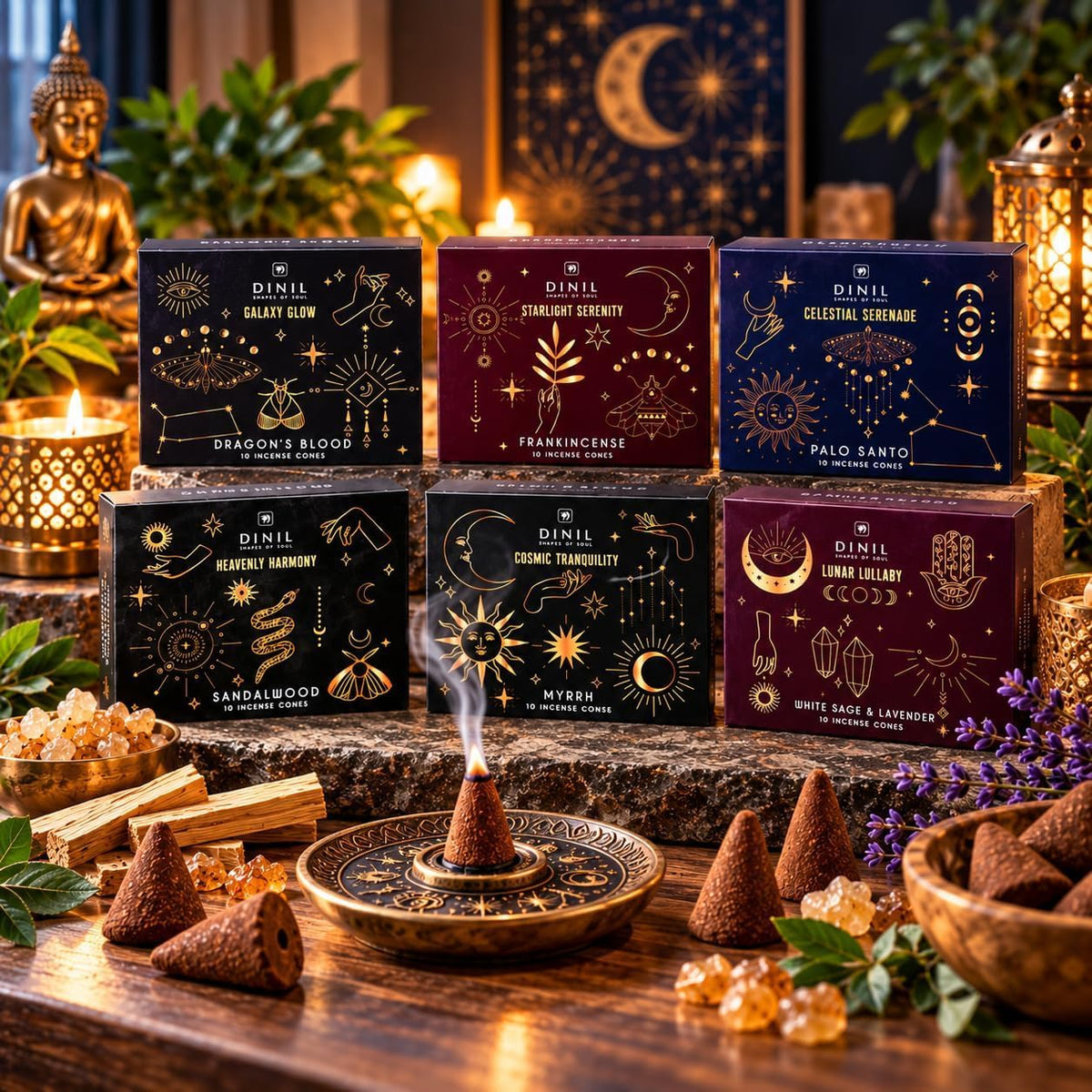 Dinil Cosmic Aura Incense Cones Variety Pack, 60 Cones, 6 Fragrances