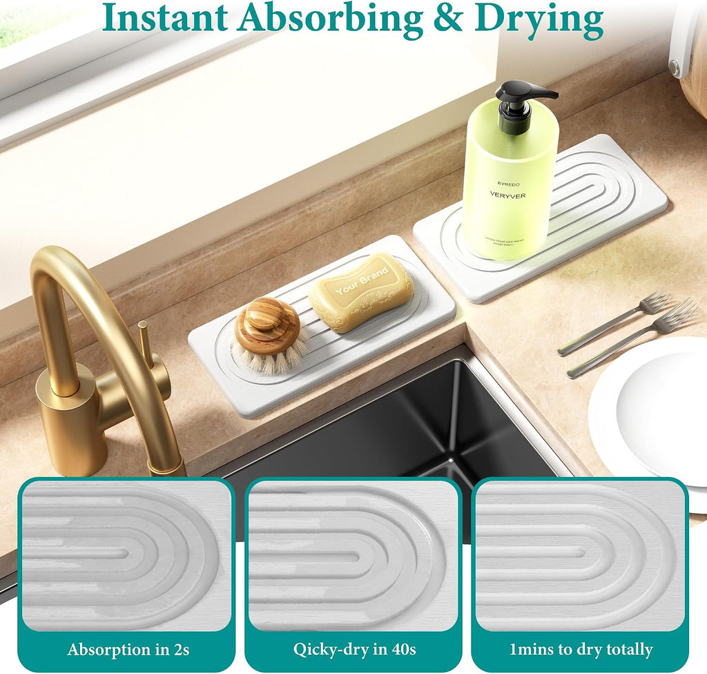 2PCS Diatomite Water Absorbing Stone Tray for Sink, Fast Drying Stone Drying Tray, Faucet Mat for Kitchen Sink and Counter, Bathroom Trays, Holders & Vanity Organizers White-Multi-Oval-9.8"x 4"