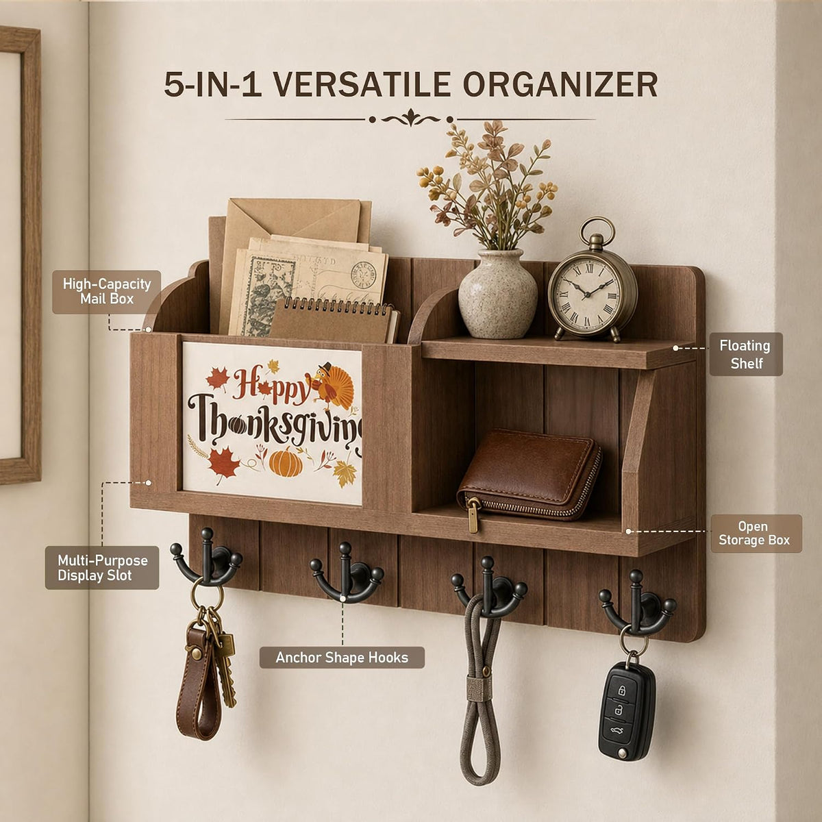 Rebee Vision Key Holder Wall Mount with Chalkboard for Home Decor, Brown