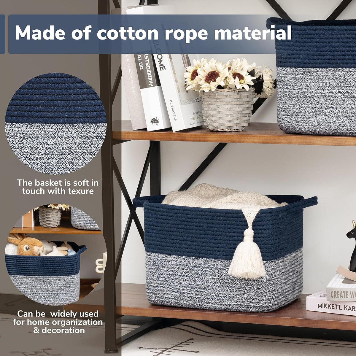 Goodpick Woven Storage Basket for Shelves, 13" x 10" x 9", Blue