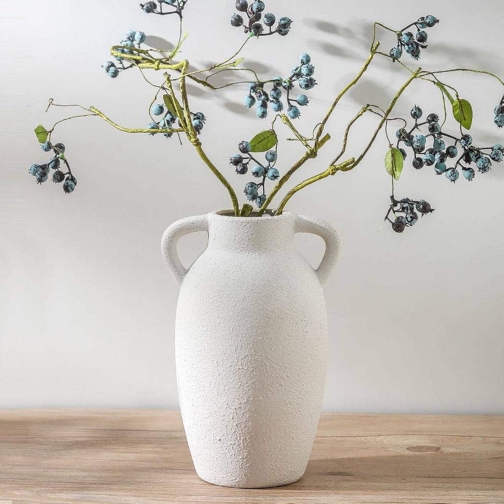 Ceramic Farmhouse Vase with 2 Handles, Boho Decorative Flower Vase for Home Decor, Living Room, Entryway, Table, Shelf Decor, 9.6 Inch
