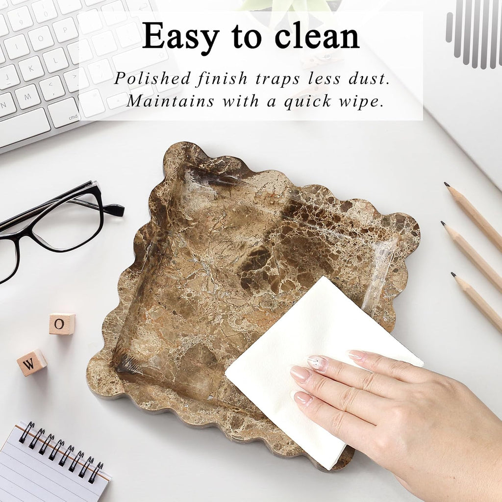YMXYJM Brown Marble Tray, Scalloped Coffee Table Tray Decor, 8" Square Tray