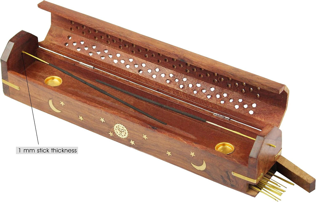 COTTON CRAFT Sheesham Wood Incense Burner Holder -Sun Moon Star Brass Inlay
