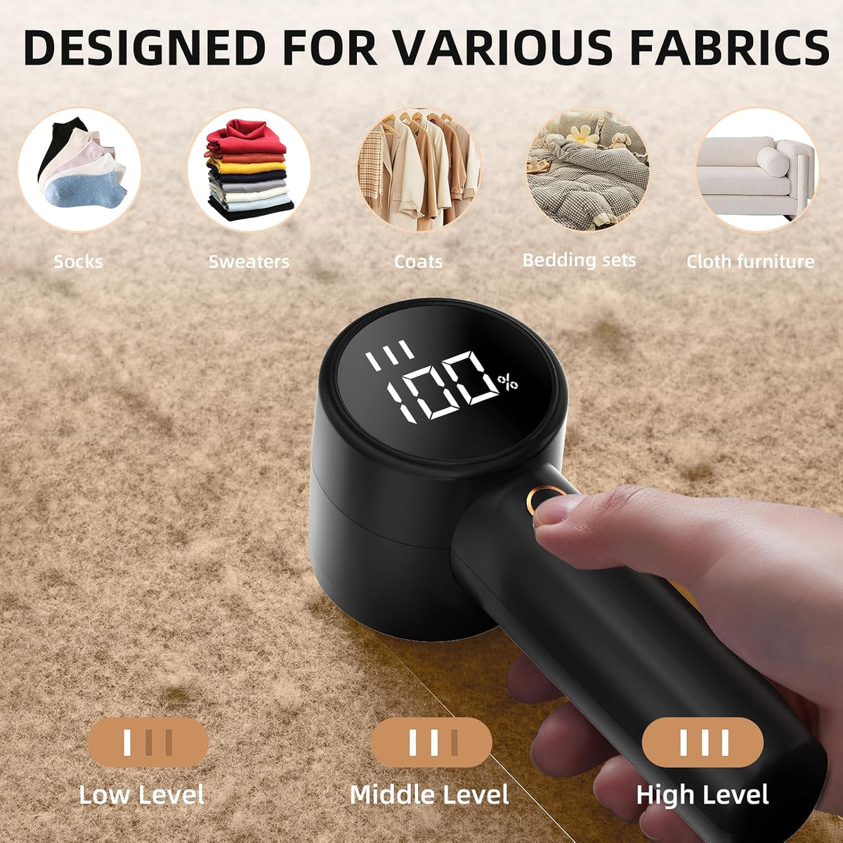 Fabric Shaver, Lint Remover Rechargeable, Electric Portable Sweater Defuzzer with 3 Speeds, 6 Leaf Blades, Digital LED Display to Remove Pilling for Clothes, Furniture, Sweater, Couch, Blanket