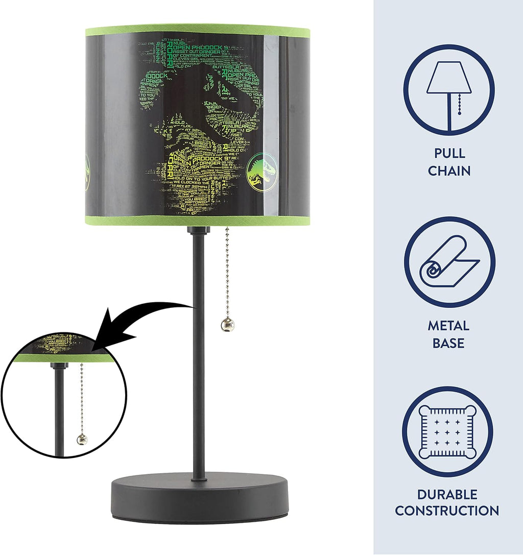Jurassic World Stick Table Kids Lamp, with Pull Chain, Themed Printed Decorative Shade,Metal