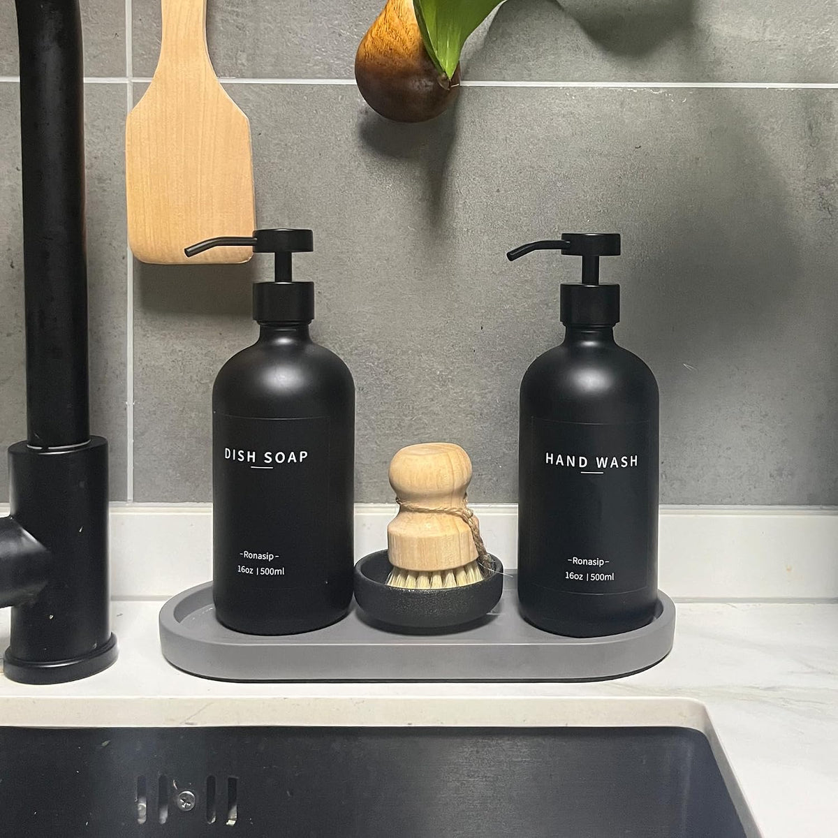 Ronasip Set of 5 Kitchen Soap Dispenser Set 16 Oz Glass Hand Dish Soap Dispenser with Stainless Steel Pump, Cement Tray, Dish Scrub Brush for Farmhouse Rustic Home Bathroom Decor (Black)