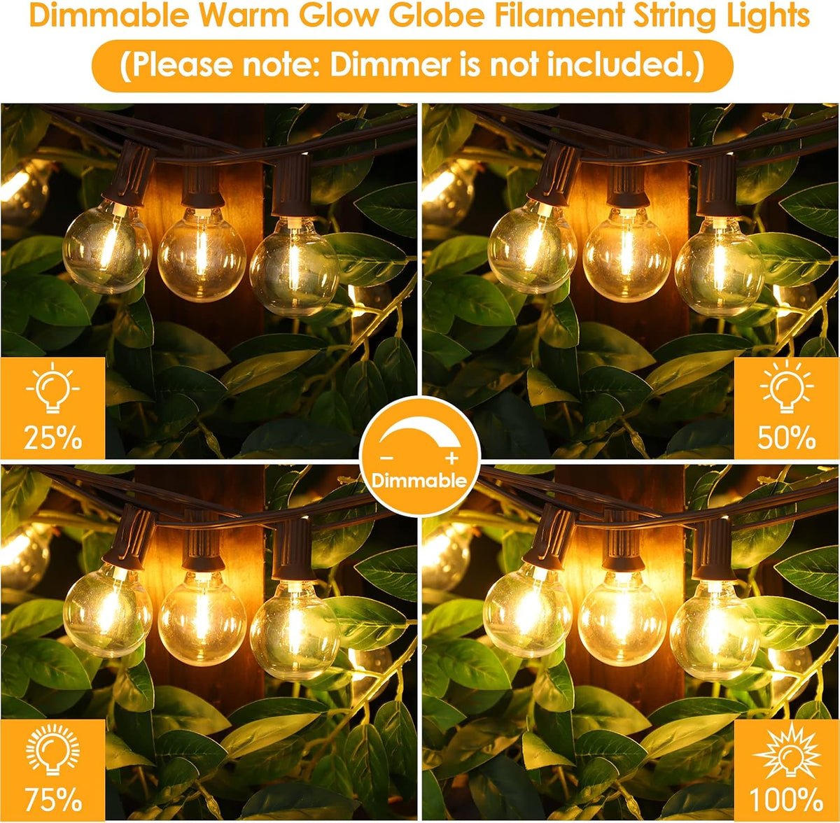 Mlambert 50Ft Outdoor String Lights, G40 Globe Patio Lights with 25+2 Waterproof LED Hanging Plastic Bulbs for Gazebo Pergola Cafe Bedroom-Brown Wire
