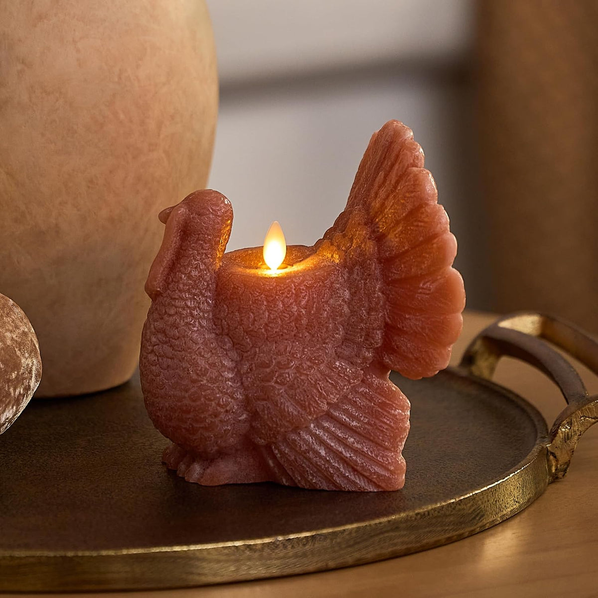 Luminara Turkey Flickering LED Candle (5.25" x 6"), Timer Function, Real Unscented Flameless Wax, Chalky Finish, Caramel Café, Fall Harvest Decoration, Autumn Home Decor, Thanksgiving Table Decoration