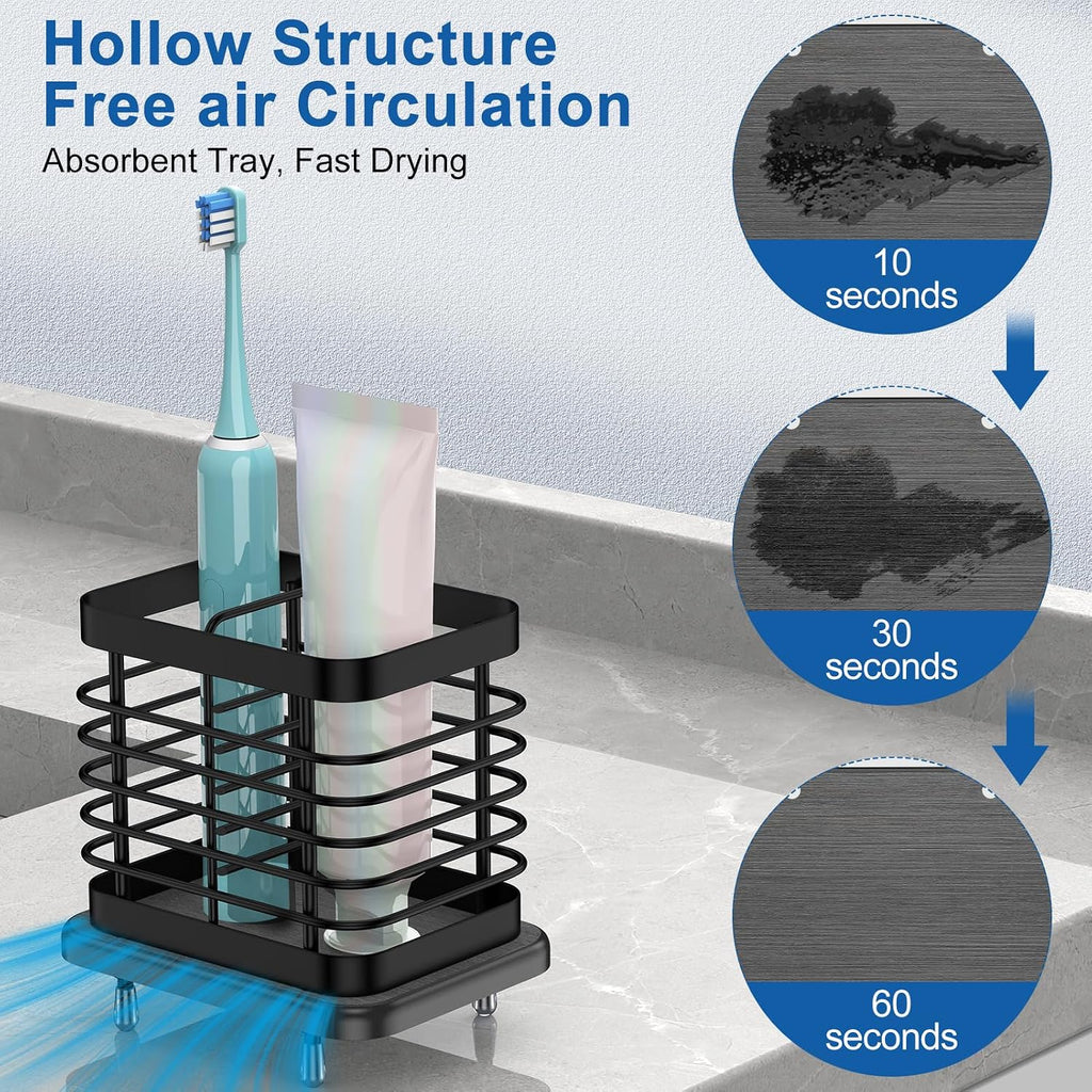 Toothbrush Holders for Bathroom, Adhesive Electric Toothbrush Holder with Fast Dry Tray Wall Mounted Toothbrush Holder Shower Toothpaste Bathroom Organizer Essentials, 2 Slots, Black