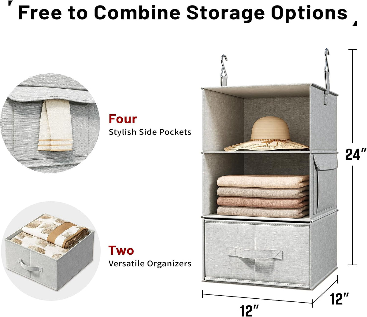2 Pack 3-Shelf Hanging Closet Organizer with 2 Drawers, Silver Gray