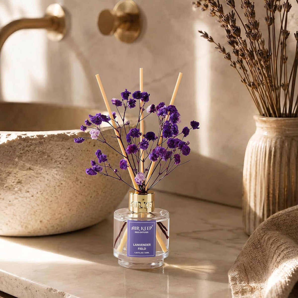 Airkeep Reed Diffuser Set of 3,Clean Linen Lavender Field Cedar Wood Oil Reed Diffusers for Bedroom Living Room Office Aromatherapy Oil Reed Diffuser for Gift 50ml x 3