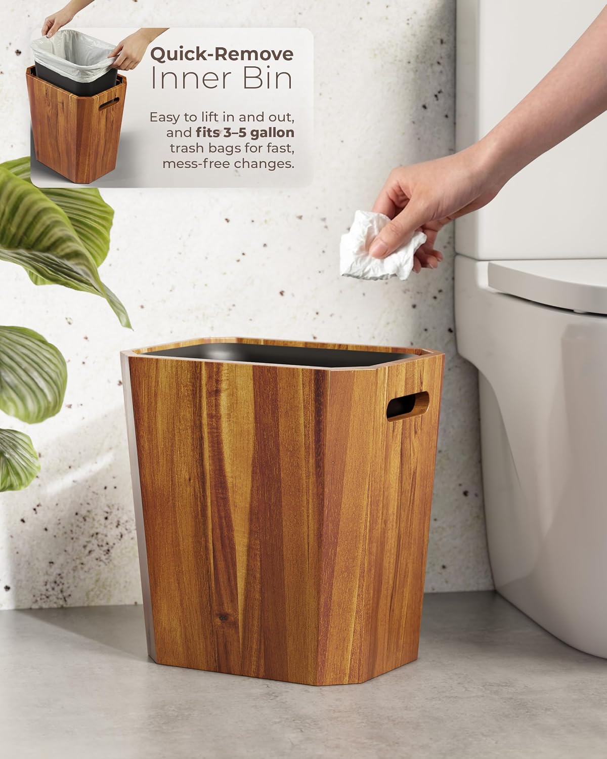 BLUEWEST Acacia Wooden Trash Can with Lid for Bathroom, Bedroom and Office