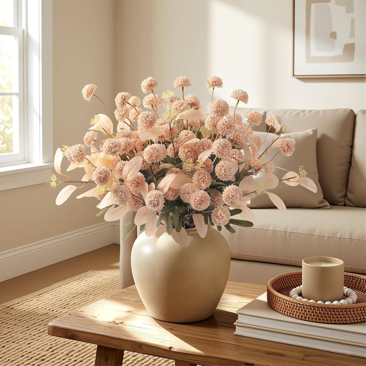 Alupssuc 32 Pcs Beige Faux Silk Mums, Fake Chrysanthemum for Vase
