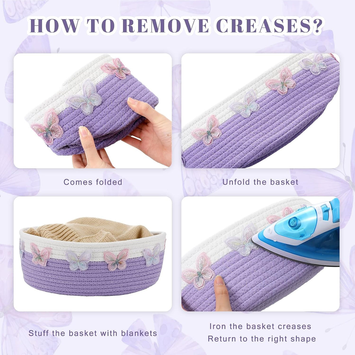 Geelin 3 Pcs Purple Baskets for Gift Cute Butterfly Woven Rope Gift Baskets Rectangle Shelf Organizer Laundry Hamper Storage Bins for Closet Bedroom Decor Nursery Toys Organizing, 11.8''x7.8''x4.7''