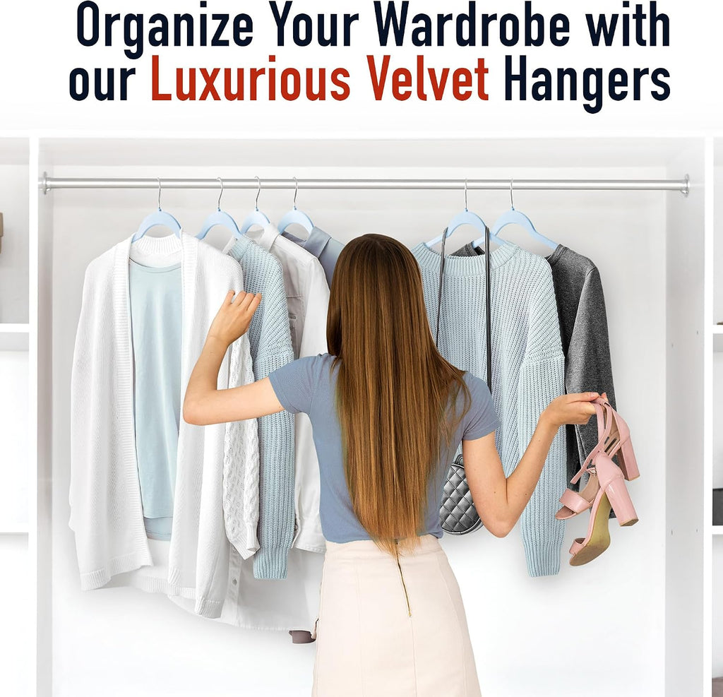 Sishynio Velvet Hangers 30 Pack, Non-Slip Slim Felt Clothes Hangers Blue