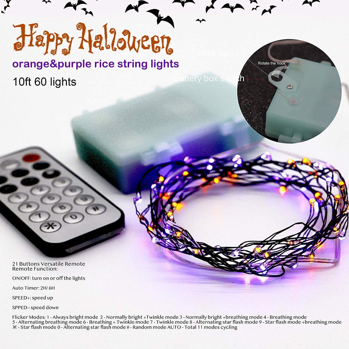 Orange Purple Halloween Lights Battery Operated 10ft 60LEDS Fall Fairy Lights with Remote & Timer for Fall Garland Halloween Thanksgiving Indoor Mini Home Gift Decor