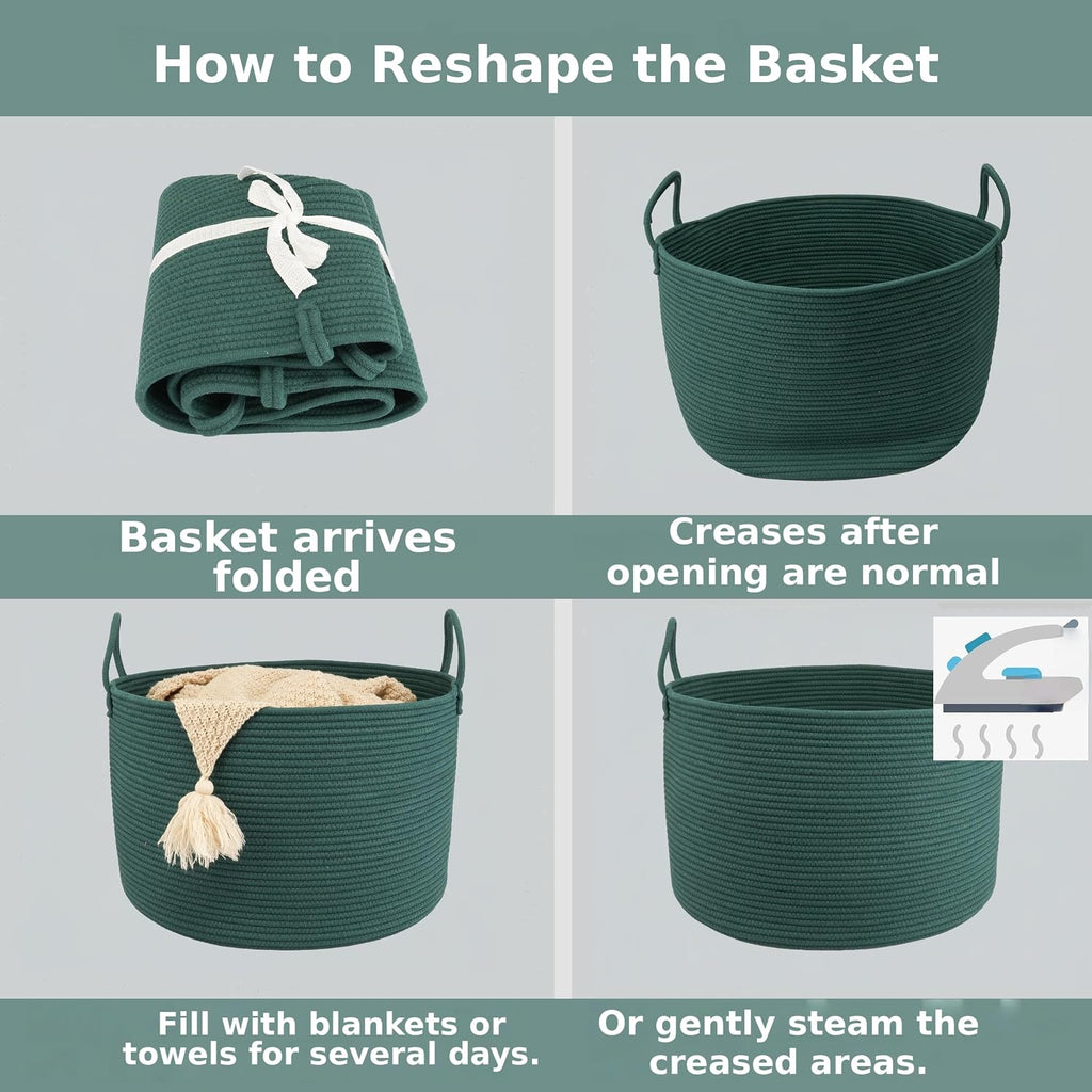 XUANGUO 66L Large Blanket Basket, Round Cotton Rope Basket, Dark Green