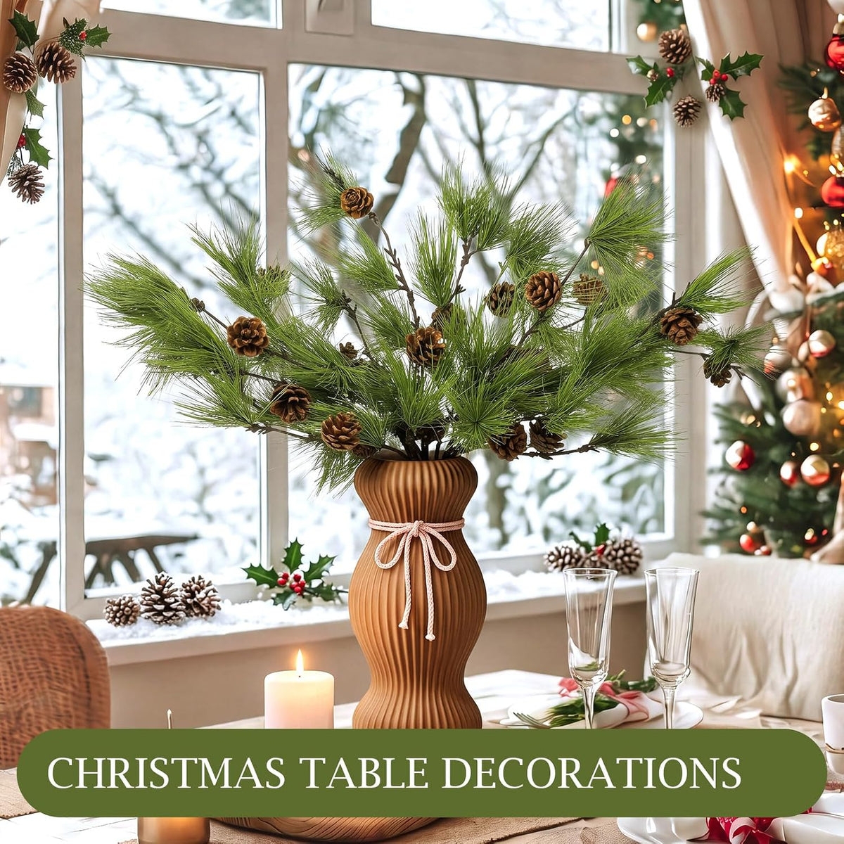 Wavwavw 6 Pcs 25.5 Inch Christmas Artificial Pine Branches with Pine Cones
