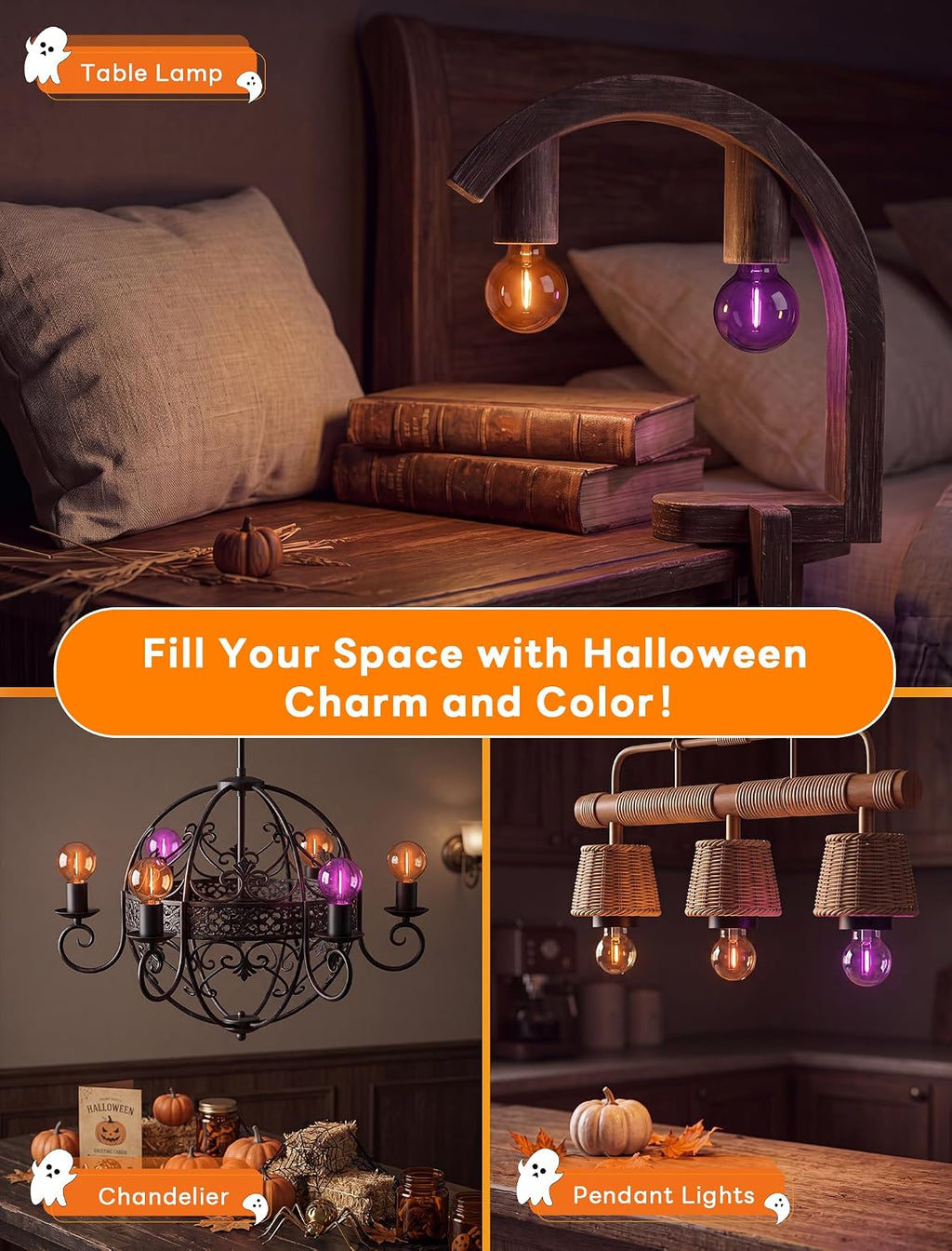 25PK G40 Halloween LED Replacement Purple and Orange Light Bulbs, 0.6W